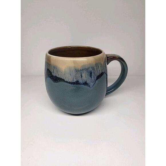 Drip Glazed Pottery Coffee Mug Pot Belly Aqua Stoneware 29oz Large - Picture 1 of 3